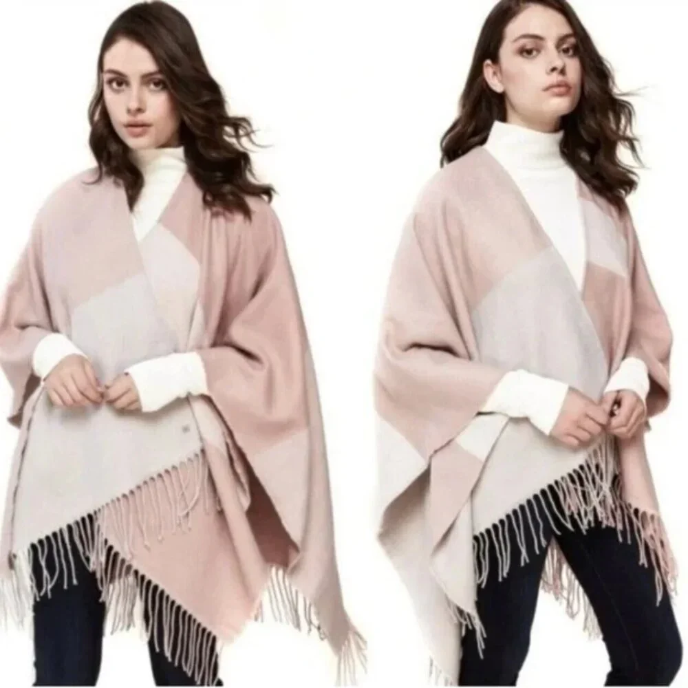 SOIA & KYO Yadira Pink Ivory Colorblock Fringed Wrap Scarf Shawl Neutral NWT